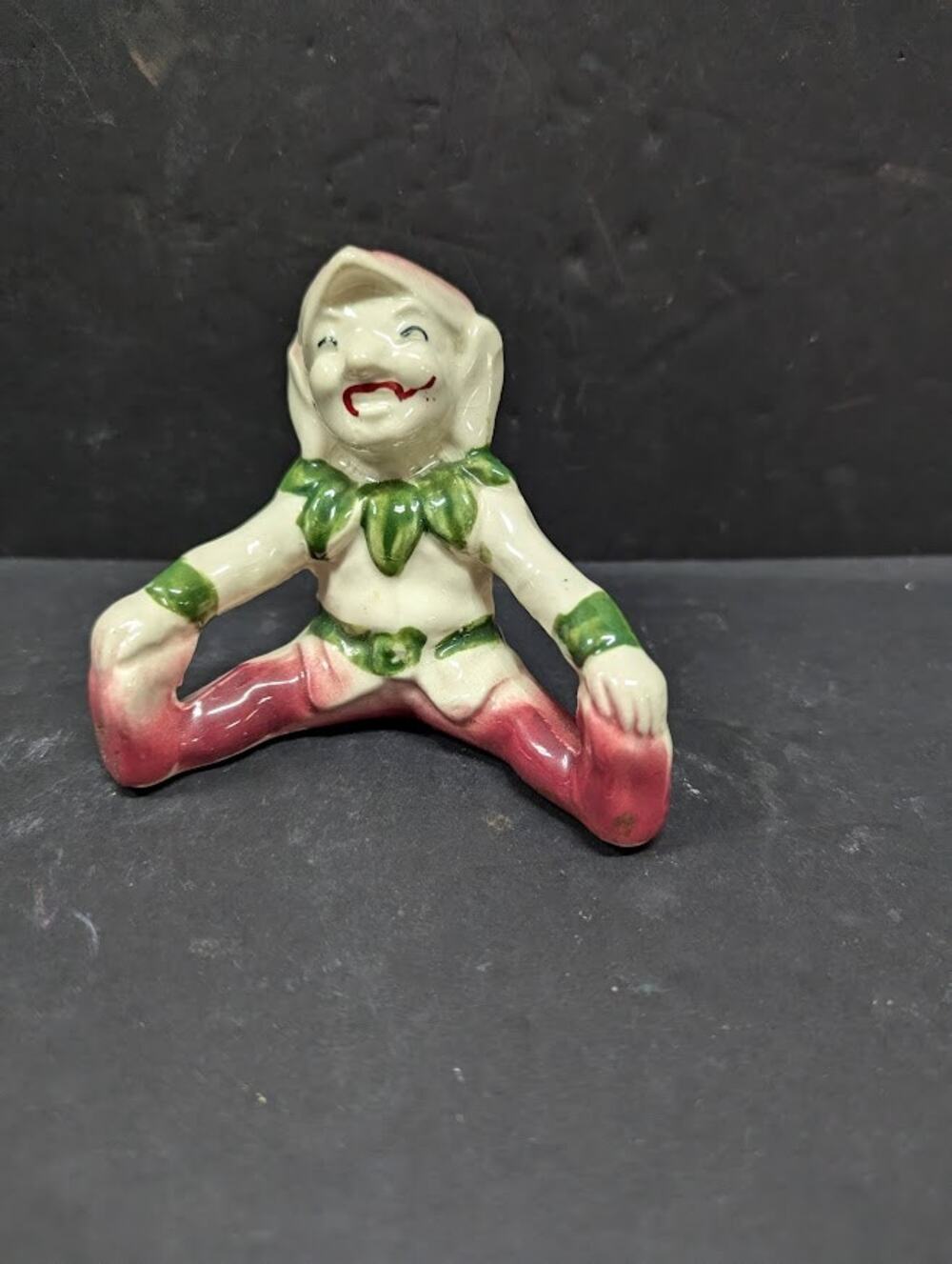 Vintage Elf Pixie Gnome Figurine Seated Smiling Green & Maroon Happy Imp Retro